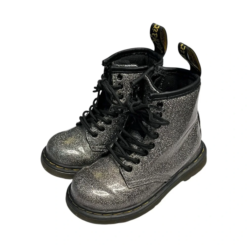 Dr. Martens 1460 Glitter J Silver Sparkle Lace Up Zip Combat Boots Kids Size 8